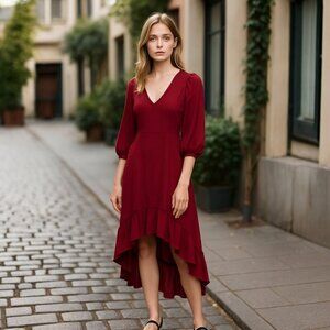 🆕 UMGEE Upcycled High-Low Burgundy Red Maxi Dress Ruffle Detail & Open Back LG